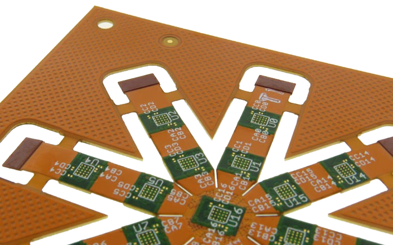 Hybrid flexible circuit using green soldermask and coverlays.