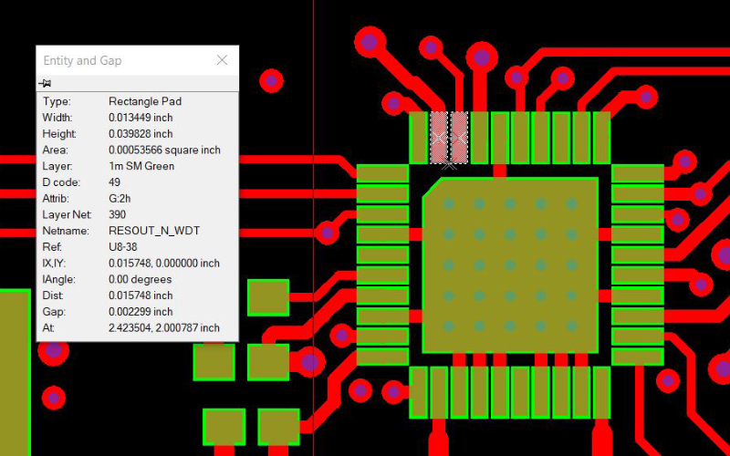 A gap of 0.002299” from mask pad to mask pad.