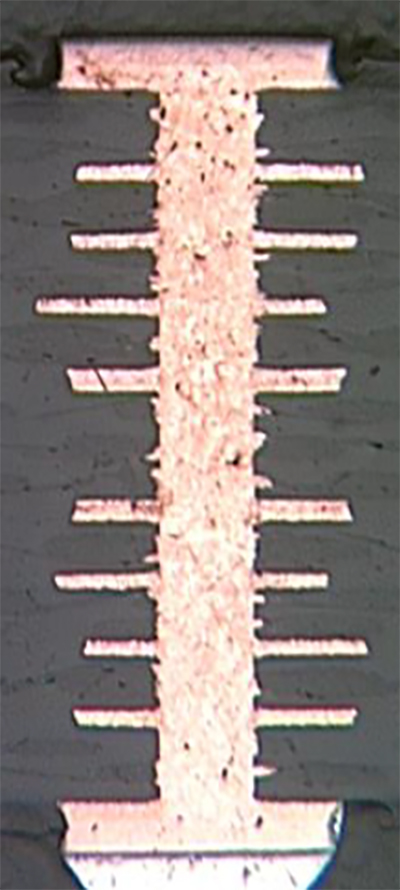 PCB cross section with non-conductive fill via PCB cross section with non-conductive fill via